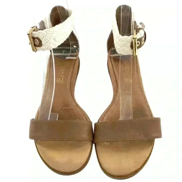 Sperry womens sandals size 5.5 brown leather nautical ankle strap cork wedges - Picture 2 of 13